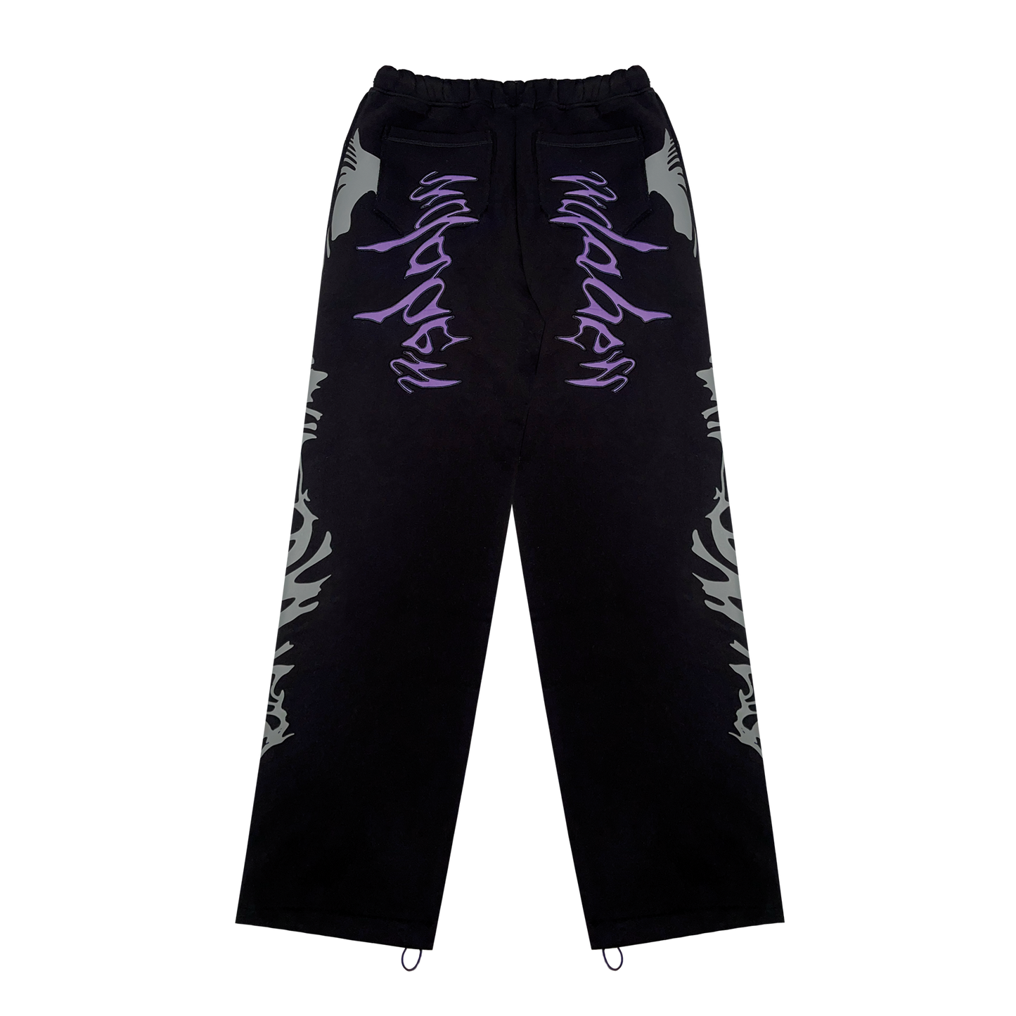 A pair of black and lilac joggers from 22DABE22 with a distressed finish, adjustable waist and leg openings, and oversized unisex fit. Screen prints on both sides and embroidery appliqué at the back pockets add a unique touch to the high-quality blend of 80% cotton and 20% polyester fabric. Pair it with the matching zip jacket for a complete streetwear set.