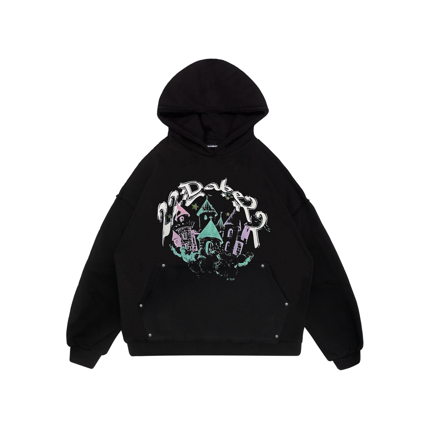 A black hoodie with an oversized fit and distressed finish, featuring a five-color screenprint at the front and an extra big pocket. Made from a soft blend of 80% cotton and 20% polyester with a peached interior for a cozy feel against the skin. Suitable for both men and women, the hoodie is perfect for running errands or lounging at home, and features a durable 500 GSM construction for long-lasting wear.