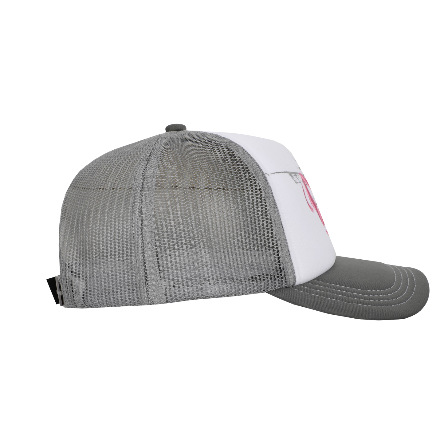 The Cap Broken Glass Grey/Pink by 22DABE22. A black six-panel cap with a lilac broken glass design embroidered on the front and 22DABE22 logo on the side. Adjustable strap at the back for a customized fit, pre-curved visor to shield from sun and rain, and breathable eyelets on top to keep the head cool and dry. Perfect accessory to elevate your streetwear game.