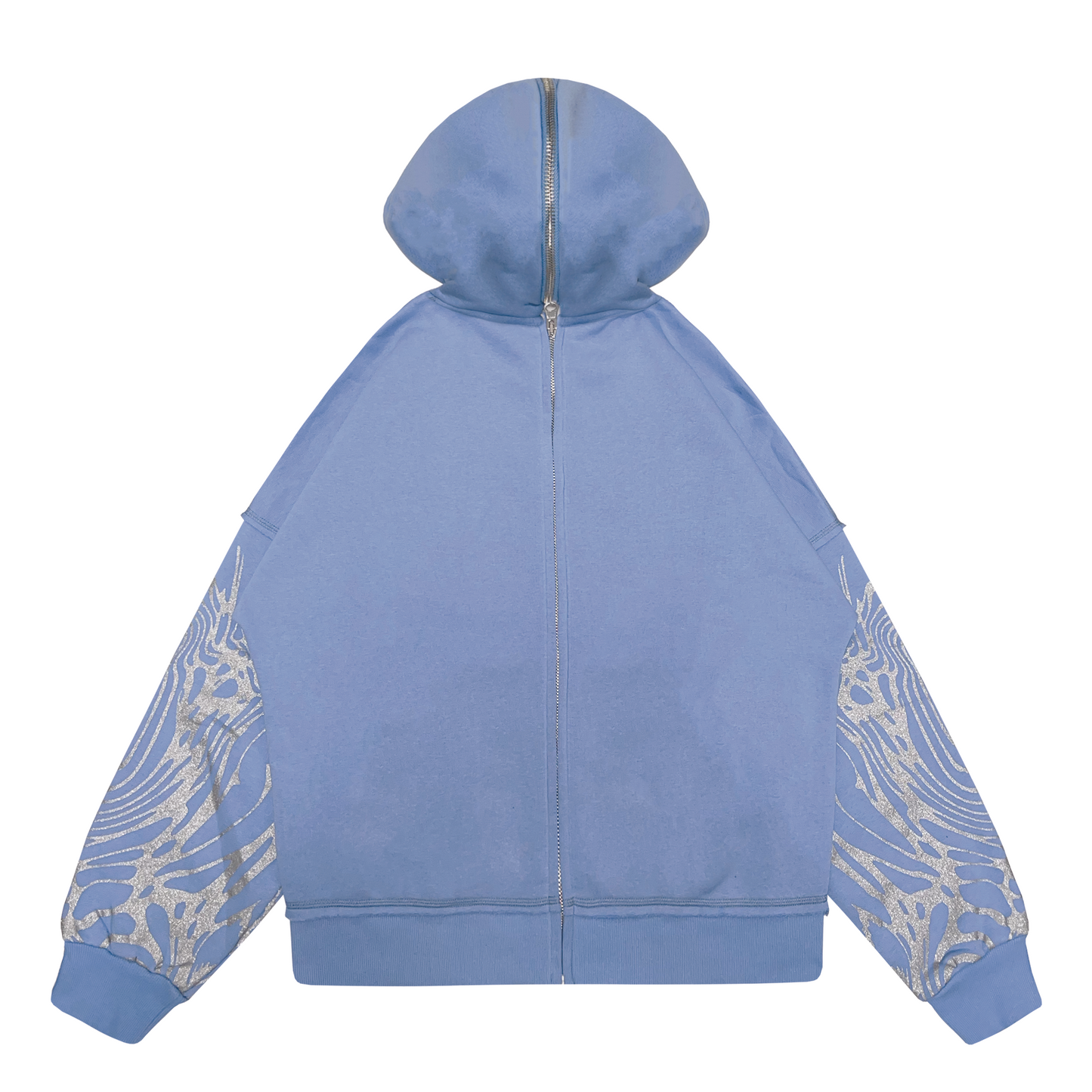 A light blue hooded jacket with a split zipper at the back. The jacket features a glitter screen print and embroidery appliqué on the front, with additional glitter screen print detailing on the sleeves. The jacket has an oversized fit and a peached interior lining for a cozy feel. The custom 22 puller adds a unique touch to the zipper.