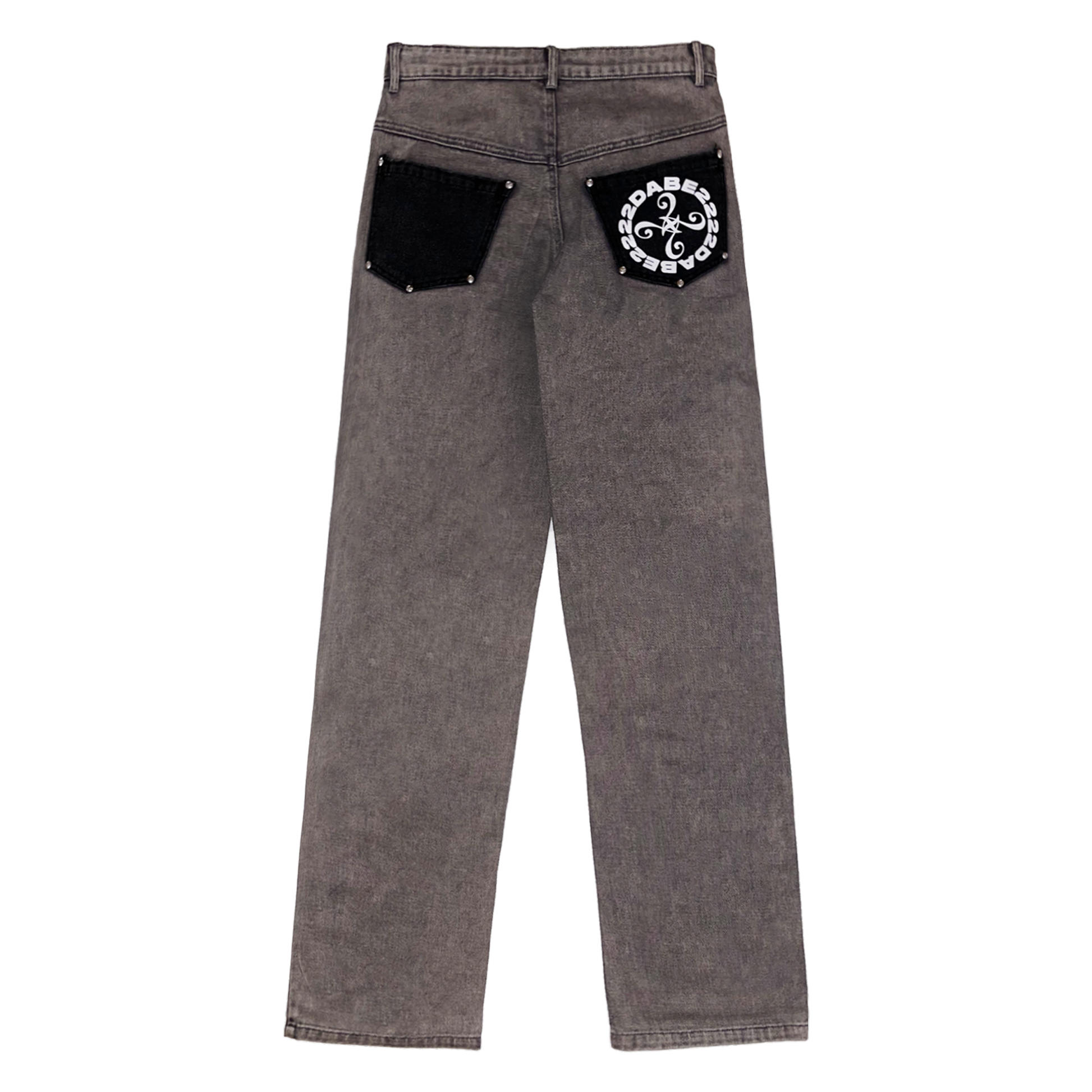 Image of black vintage carpenter denim jeans with 4 panels at the front, featuring a custom embossed button, 22DABE22 logo rivets at the front, and 10 at the back. The jeans are screen-printed with a logo at the back-pocket, and have a YKK zipper and waistband with belt loops for a comfortable fit. The jeans come with 5 pockets and are suitable for both men and women.