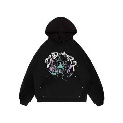 A black hoodie with an oversized fit and distressed finish, featuring a five-color screenprint at the front and an extra big pocket. Made from a soft blend of 80% cotton and 20% polyester with a peached interior for a cozy feel against the skin. Suitable for both men and women, the hoodie is perfect for running errands or lounging at home, and features a durable 500 GSM construction for long-lasting wear.