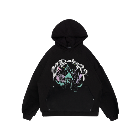 A black hoodie with an oversized fit and distressed finish, featuring a five-color screenprint at the front and an extra big pocket. Made from a soft blend of 80% cotton and 20% polyester with a peached interior for a cozy feel against the skin. Suitable for both men and women, the hoodie is perfect for running errands or lounging at home, and features a durable 500 GSM construction for long-lasting wear.