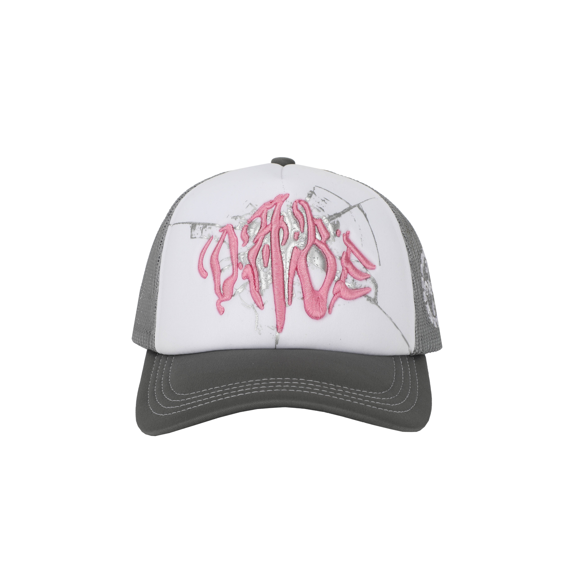 The Cap Broken Glass Grey/Pink by 22DABE22. A black six-panel cap with a lilac broken glass design embroidered on the front and 22DABE22 logo on the side. Adjustable strap at the back for a customized fit, pre-curved visor to shield from sun and rain, and breathable eyelets on top to keep the head cool and dry. Perfect accessory to elevate your streetwear game.