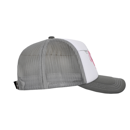 The Cap Broken Glass Grey/Pink by 22DABE22. A black six-panel cap with a lilac broken glass design embroidered on the front and 22DABE22 logo on the side. Adjustable strap at the back for a customized fit, pre-curved visor to shield from sun and rain, and breathable eyelets on top to keep the head cool and dry. Perfect accessory to elevate your streetwear game.