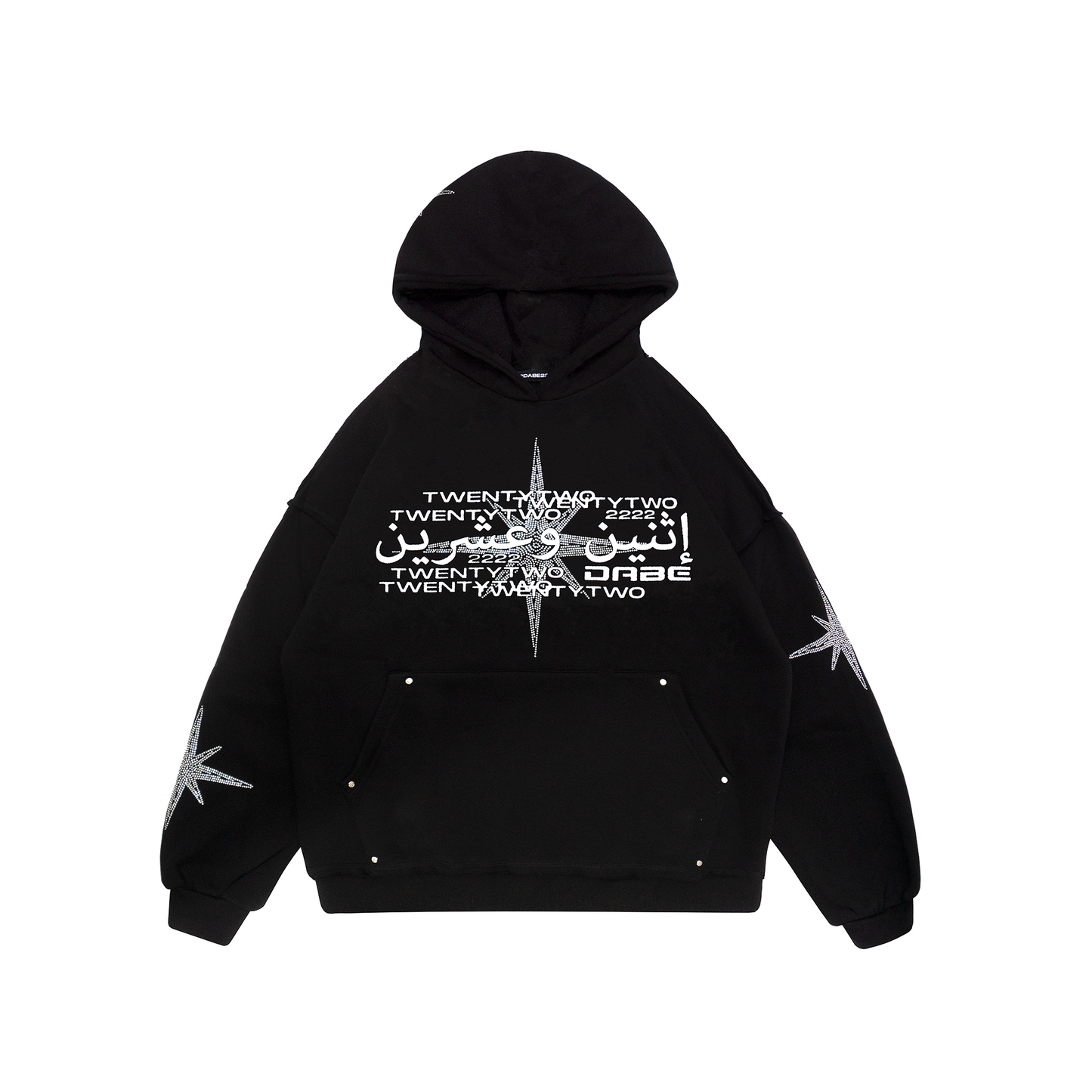 A black hoodie with unique rhinestone and screenprint design on the front, stars made of rhinestones on the sleeves and back, and a vintage, distressed finish. Made from a blend of cotton and polyester, with a peached interior for a cozy feel. Oversized unisex fit and extra big pocket make it practical for any occasion.