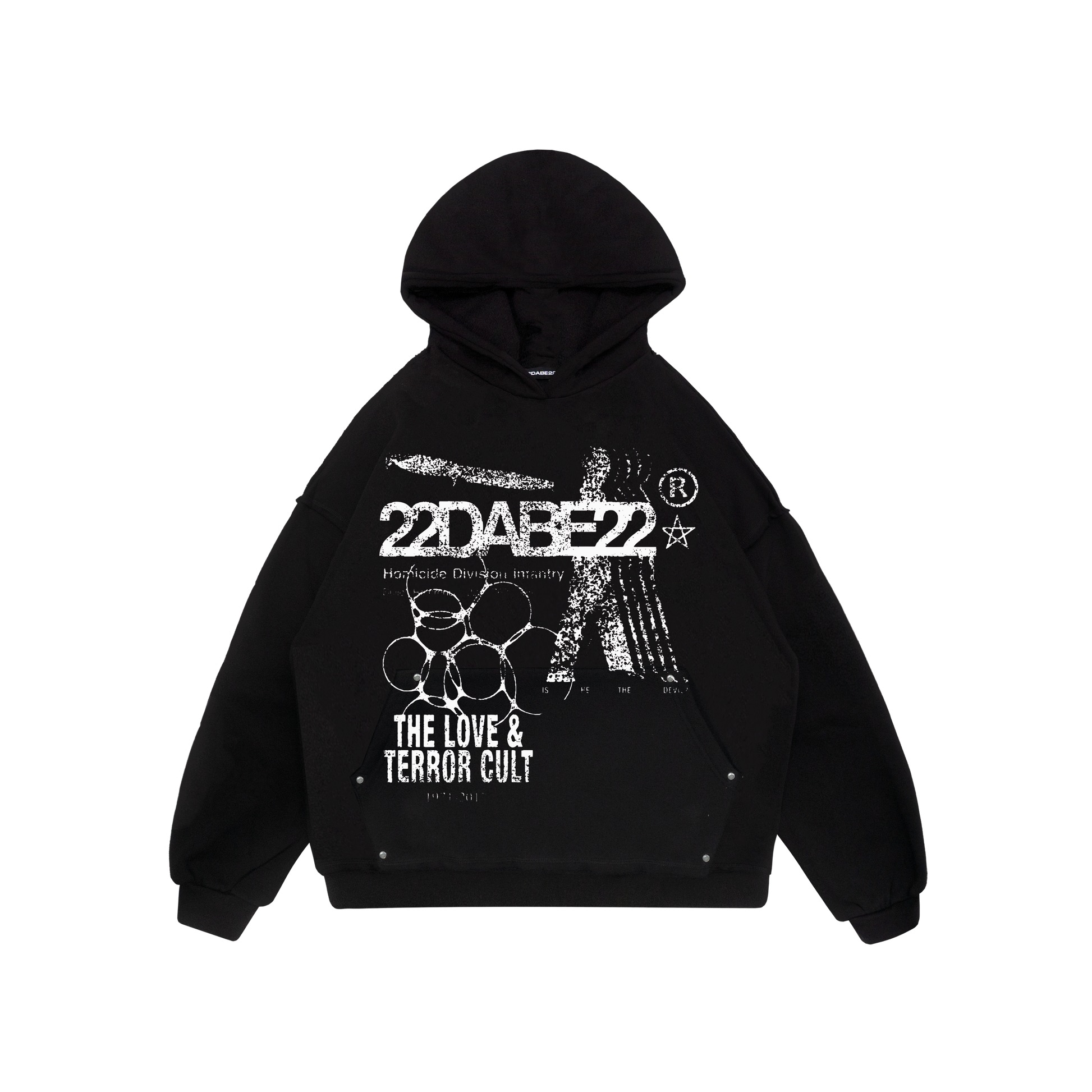 A long sleeve hooded sweatshirt with a big screenprint on the front, featuring the Terror and Love Hoodie. The distressed finish gives it a rugged look and it has an oversized fit perfect for layering or lounging. It has an extra big pocket at the front and is made from a premium blend of 80% cotton and 20% polyester with a soft peached interior. Unisex design suitable for anyone looking to add some edge to their wardrobe.