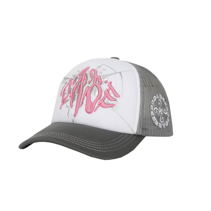 The Cap Broken Glass Grey/Pink by 22DABE22. A black six-panel cap with a lilac broken glass design embroidered on the front and 22DABE22 logo on the side. Adjustable strap at the back for a customized fit, pre-curved visor to shield from sun and rain, and breathable eyelets on top to keep the head cool and dry. Perfect accessory to elevate your streetwear game.