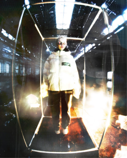A white puffer jacket from 22DABE22, made of high-quality nylon fabric and cotton down filling, featuring custom logo rivets and buttons, detachable hood, and adjustable drawcords on the bottom hem. The jacket has an oversized fit, with sleeves that can be unzipped for unrestricted movement and ample storage space with one inside pocket and two side pockets. The logo tape at the chest adds a touch of branding.