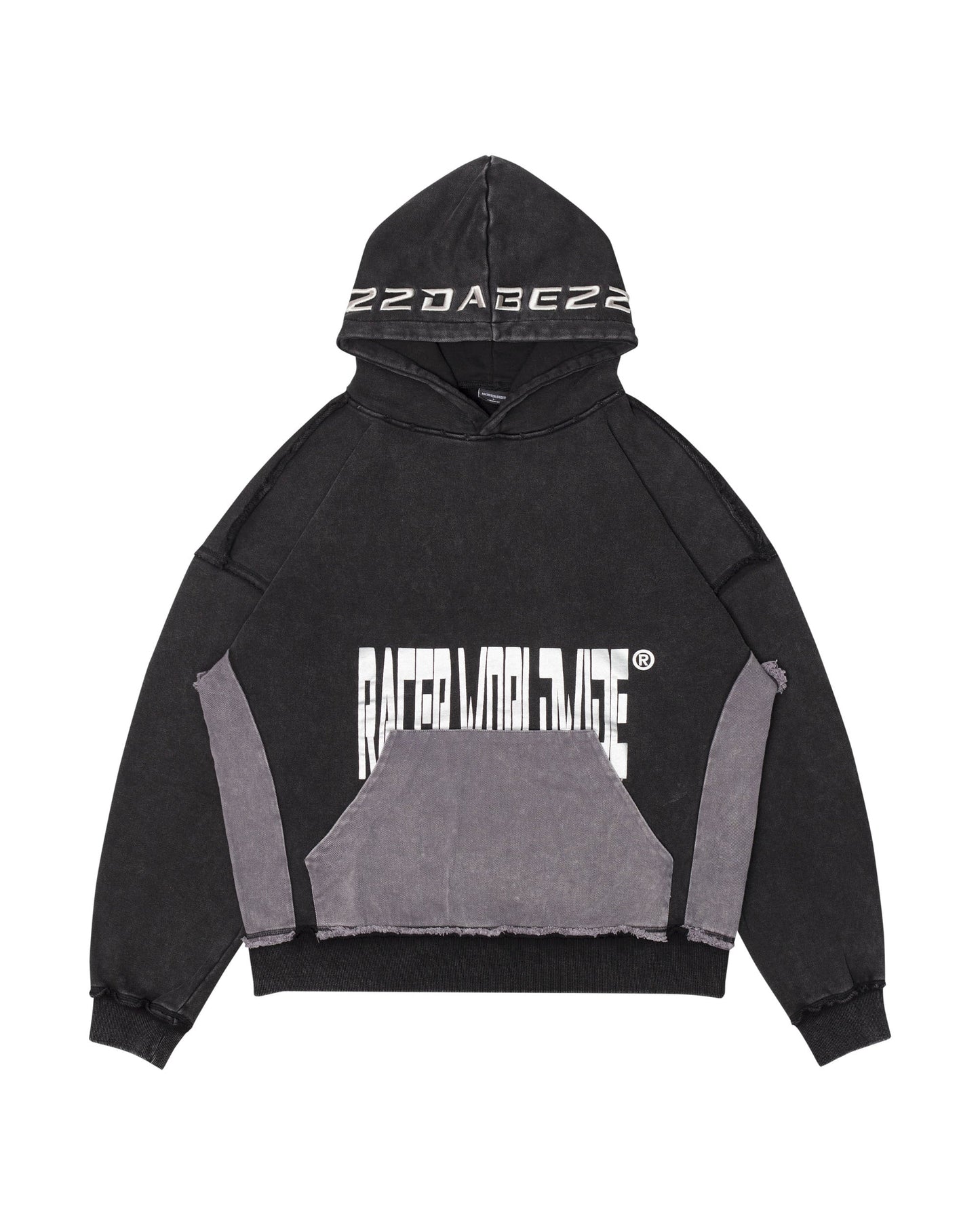 Image of a faded garment-dyed long sleeve hooded sweatshirt from the RacerWorldwide® x 22DABE22 collaboration. The sweatshirt features denim fabric details, silver embroidery on the hood, and a silver silkscreen print. The distressed finish adds texture and character to the oversized fit.