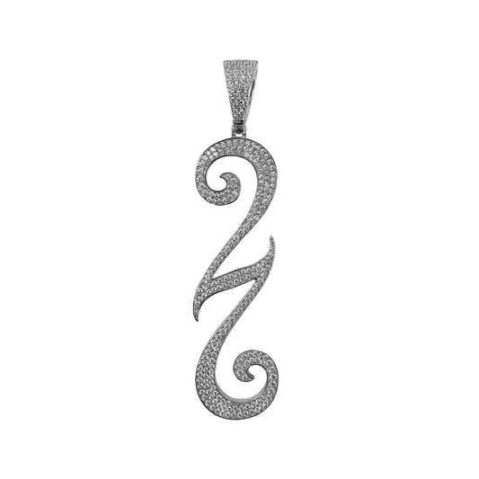 A close-up photo of Pendant 22 / 925 Silver from 22DABE22. The pendant is made from premium 925 Silver and plated with Rhodium. The front of the pendant is adorned with sparkling circonia stones. The pendant has a sleek and modern design and is 6cm in length. It is perfect for both men and women and is a one-of-a-kind accessory that exudes luxury and style.