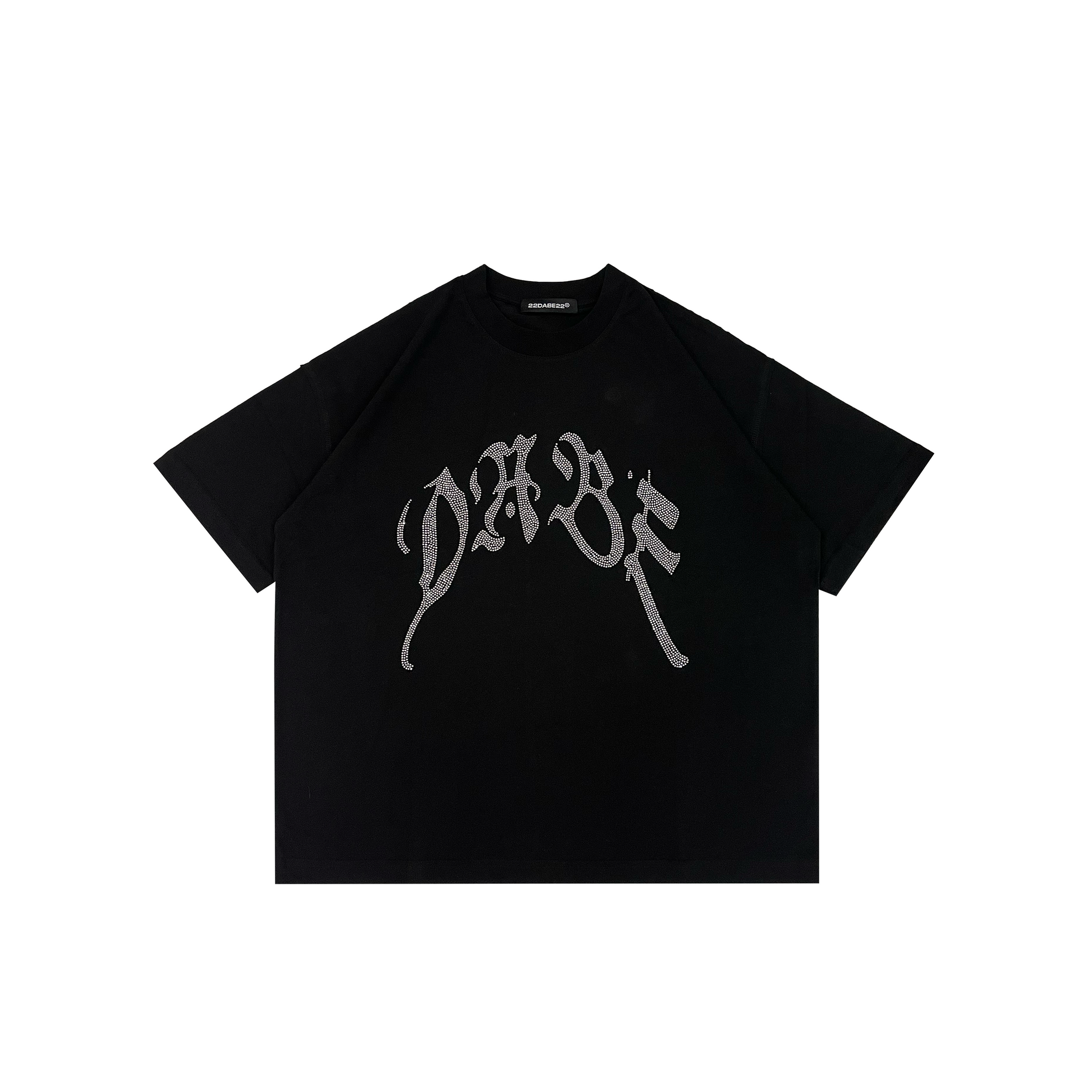 A black oversized shirt with a distressed finish and rhinestones on the front by 22DABE22. Made from 100% cotton and weighing 200 GSM, it's both comfortable and durable. The unisex design is versatile and can be worn alone or layered. Perfect for streetwear and casual occasions.